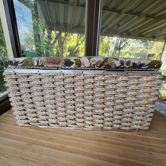 Large mid-century wicker sewing basket with floral bird print, made in Japan